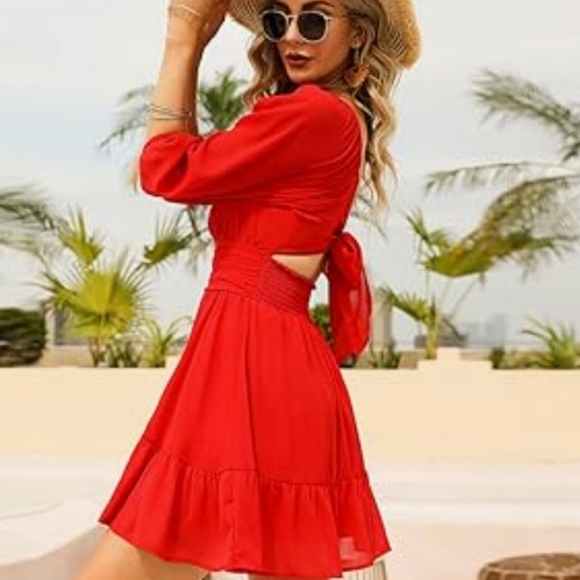 Exlura SM Red Ruffled Bell Sleeve Off-the-Shoulder Mini Flare Dress - Picture 2 of 8